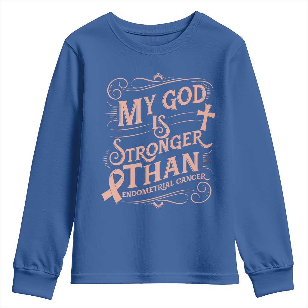 Christian Faith Peach Ribbon Youth Sweatshirt My God Is Stronger Than Endometrial Cancer