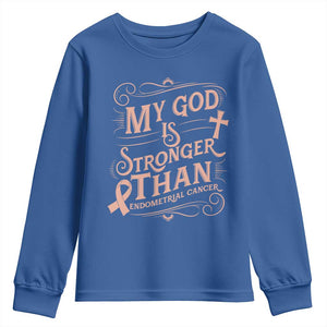 Christian Faith Peach Ribbon Youth Sweatshirt My God Is Stronger Than Endometrial Cancer