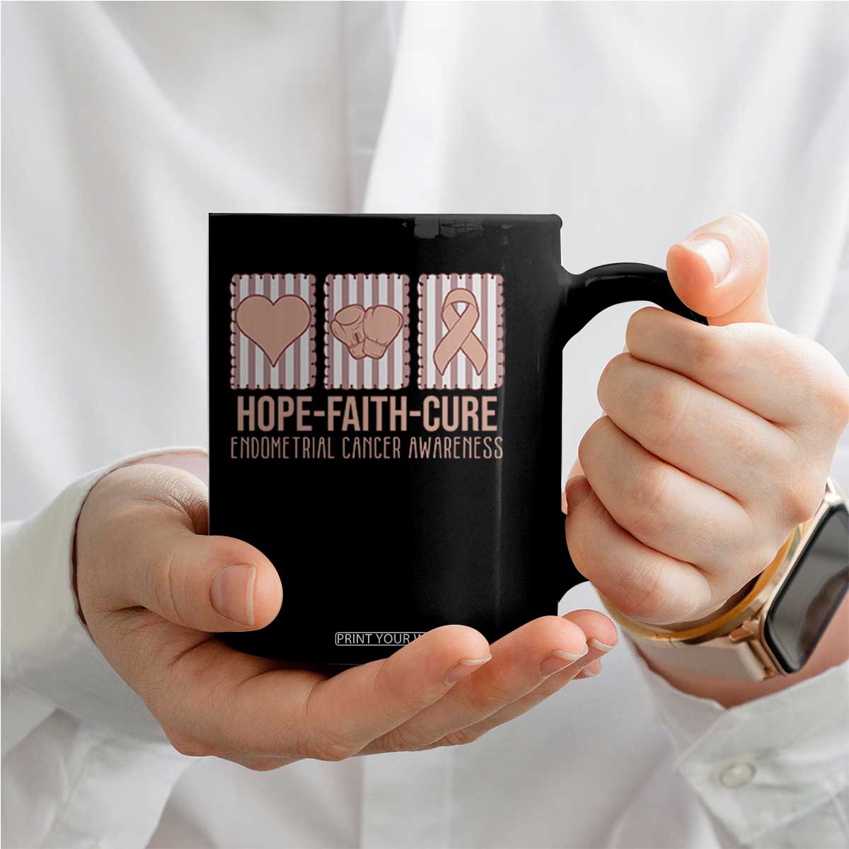 Endometrial Cancer Awareness Coffee Mug Hope Faith Cure Peach Ribbon