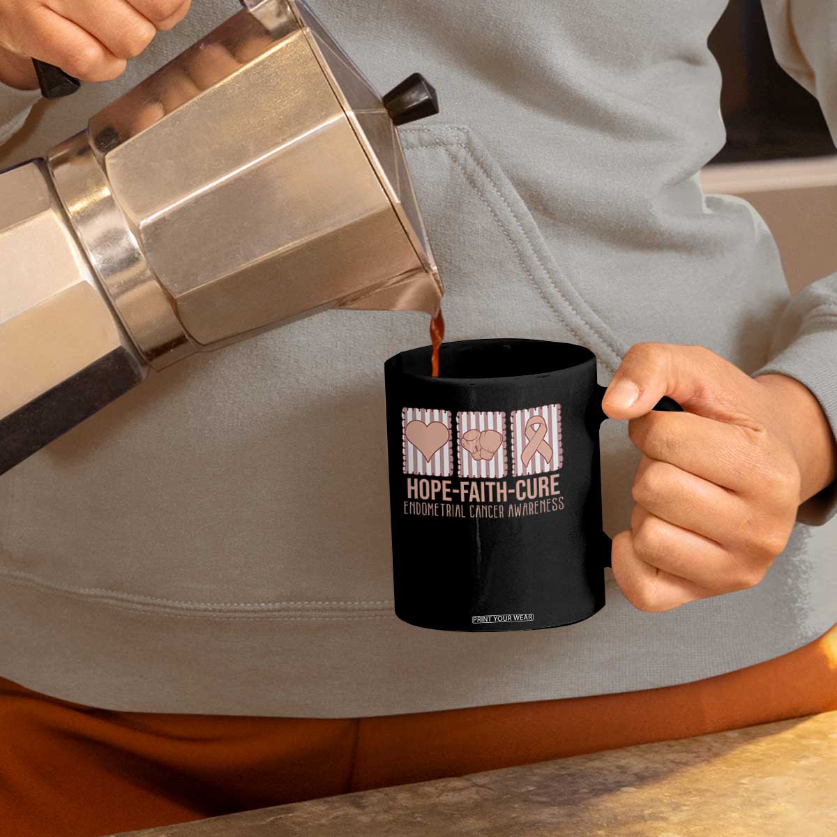 Endometrial Cancer Awareness Coffee Mug Hope Faith Cure Peach Ribbon