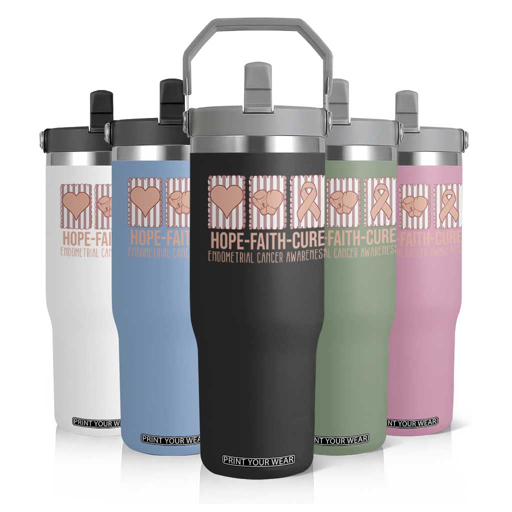 Endometrial Cancer Awareness Flip Straw Tumbler Hope Faith Cure Peach Ribbon