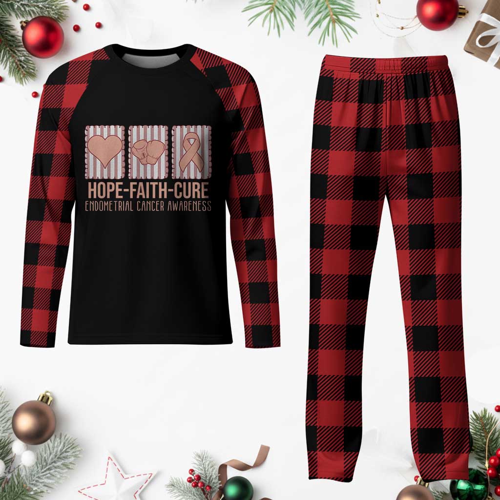 Endometrial Cancer Awareness Plaid Pajama Set Hope Faith Cure Peach Ribbon