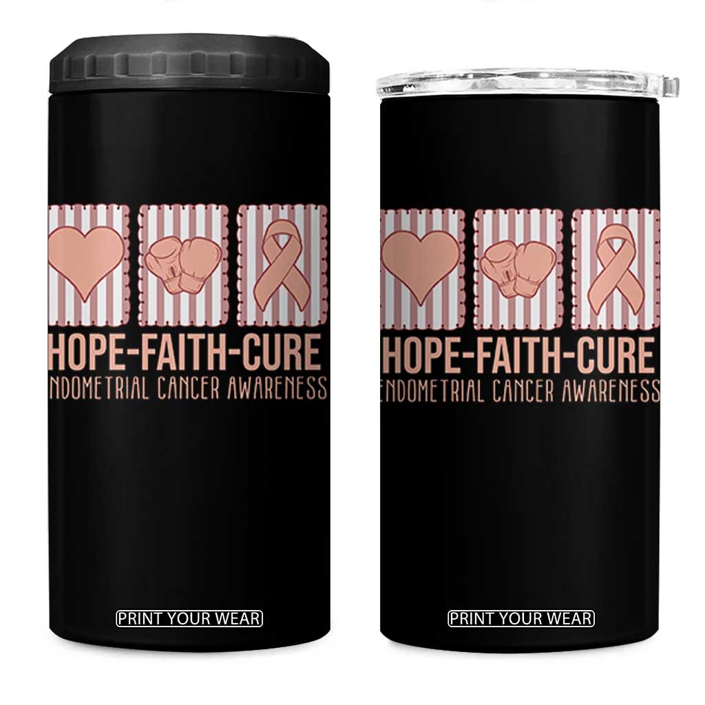 Endometrial Cancer Awareness 4 in 1 Can Cooler Tumbler Hope Faith Cure Peach Ribbon