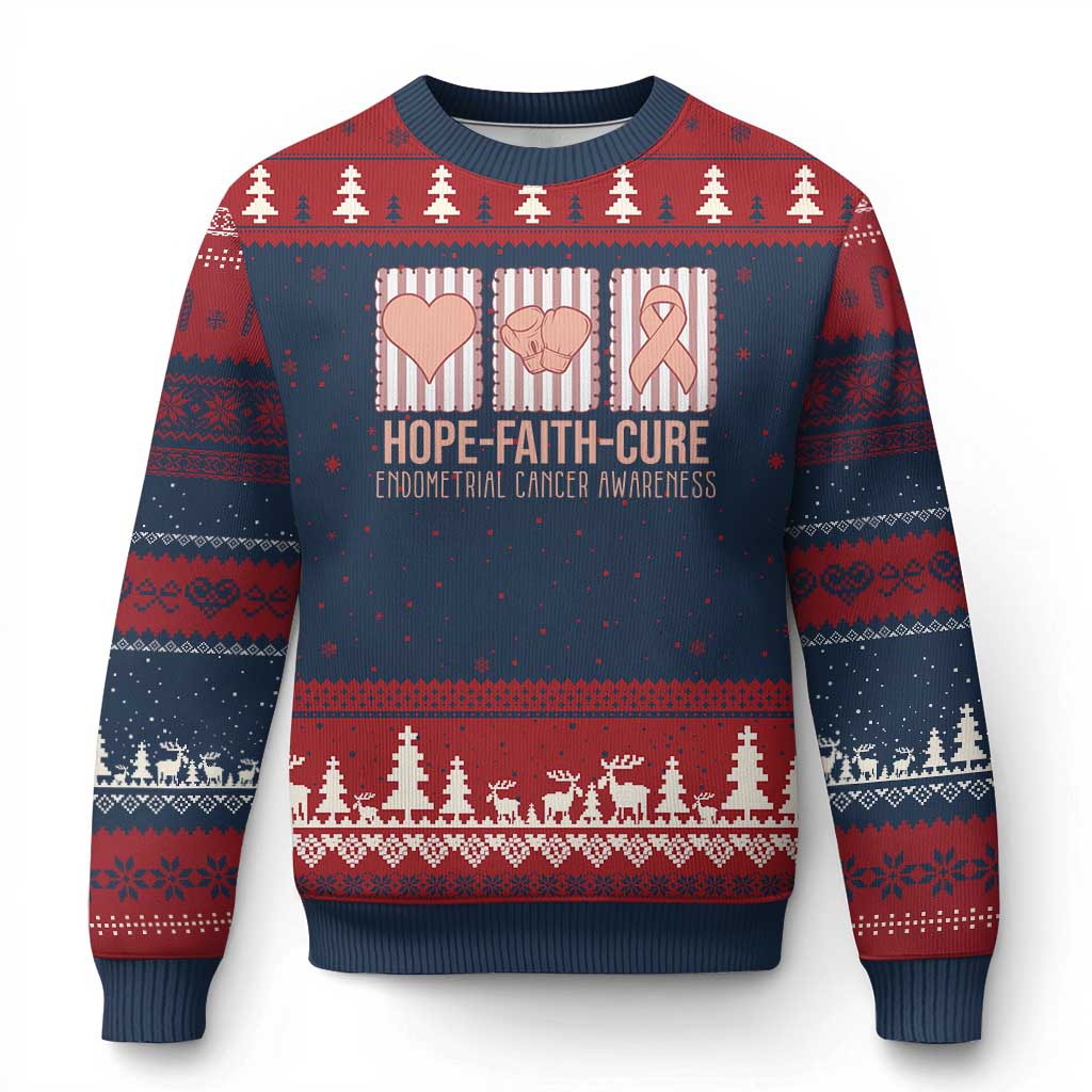 Endometrial Cancer Awareness Ugly Christmas Sweater Hope Faith Cure Peach Ribbon