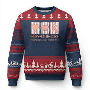 Endometrial Cancer Awareness Ugly Christmas Sweater Hope Faith Cure Peach Ribbon