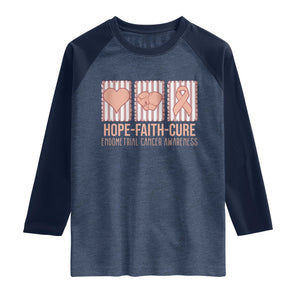 Endometrial Cancer Awareness Raglan Shirt Hope Faith Cure Peach Ribbon