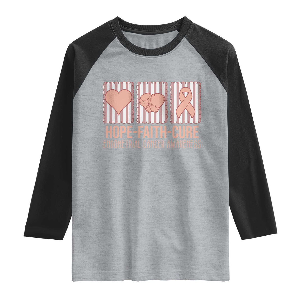 Endometrial Cancer Awareness Raglan Shirt Hope Faith Cure Peach Ribbon