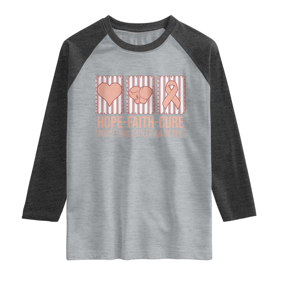 Endometrial Cancer Awareness Raglan Shirt Hope Faith Cure Peach Ribbon