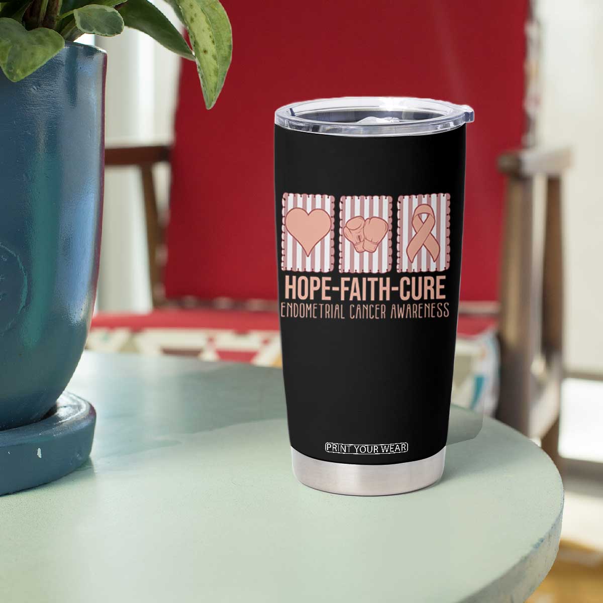 Endometrial Cancer Awareness Tumbler Cup Hope Faith Cure Peach Ribbon
