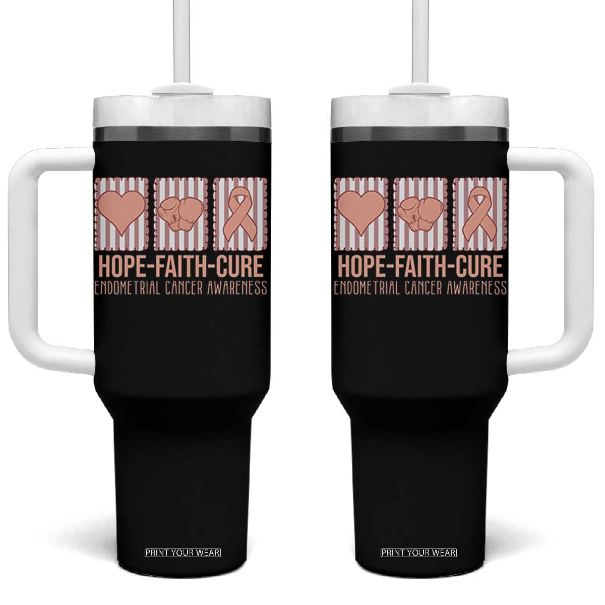 Endometrial Cancer Awareness Tumbler With Handle Hope Faith Cure Peach Ribbon TS12 One Size: 40 oz Black Print Your Wear