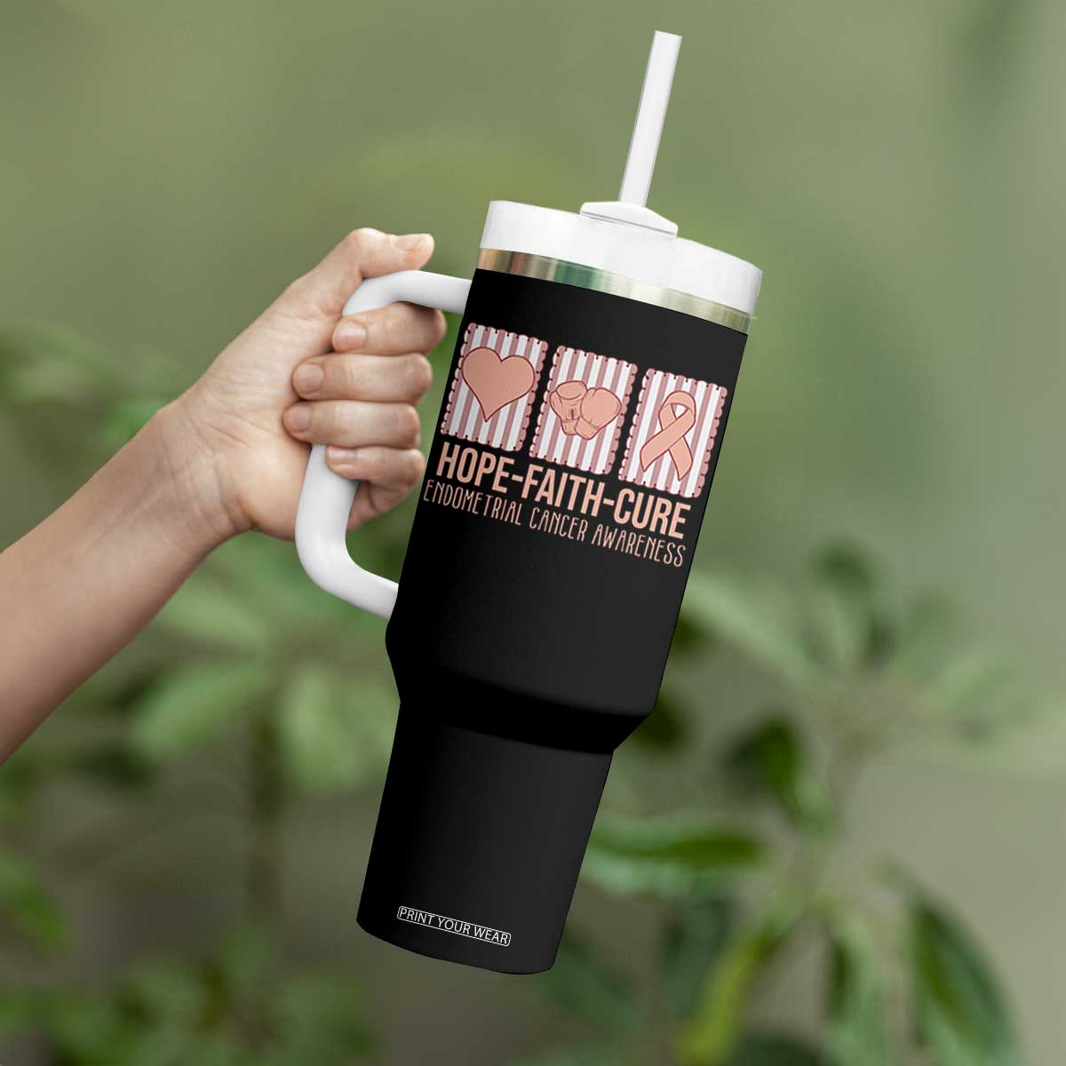 Endometrial Cancer Awareness Tumbler With Handle Hope Faith Cure Peach Ribbon