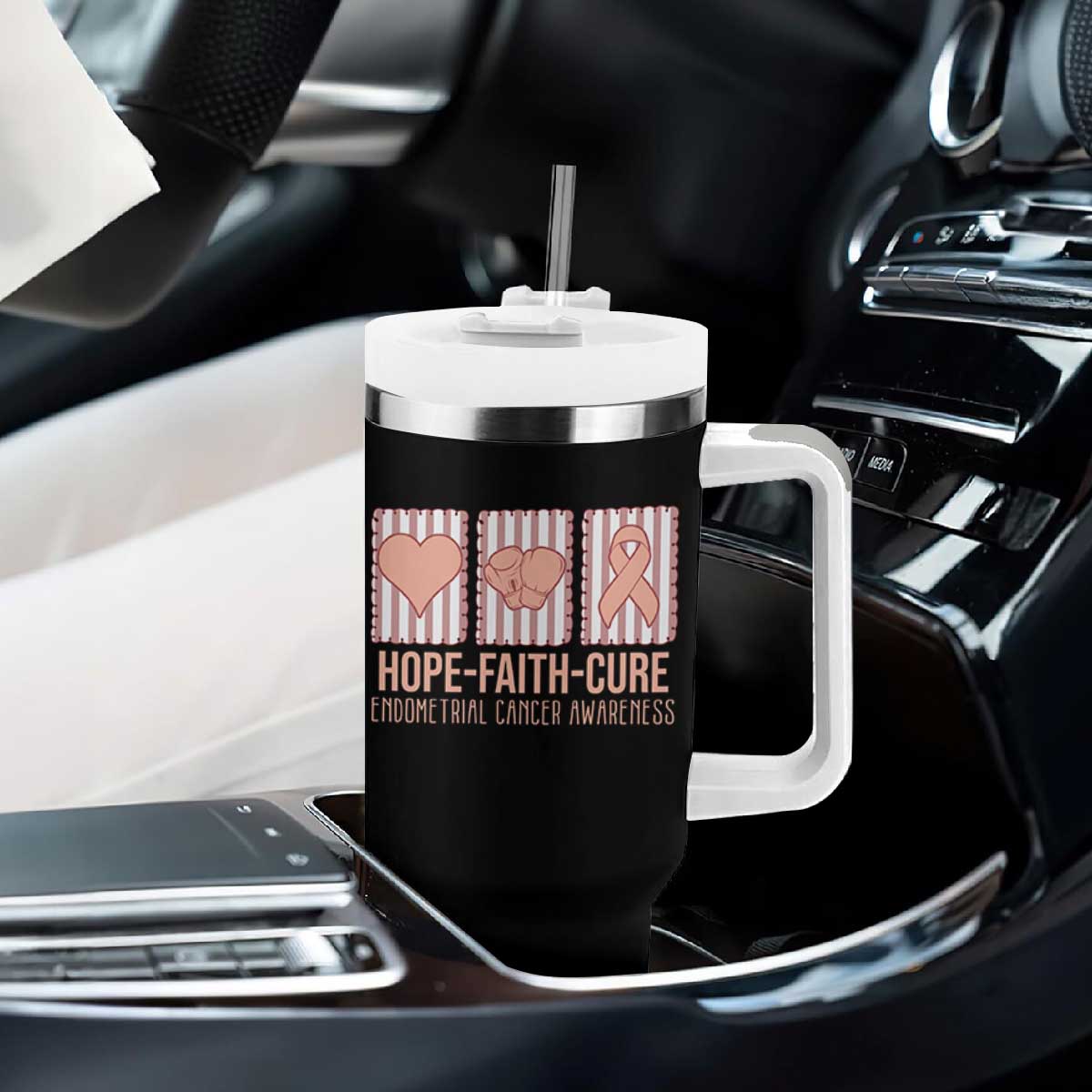 Endometrial Cancer Awareness Tumbler With Handle Hope Faith Cure Peach Ribbon