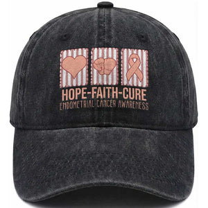 Endometrial Cancer Awareness Washed Cotton Baseball Cap Hope Faith Cure Peach Ribbon