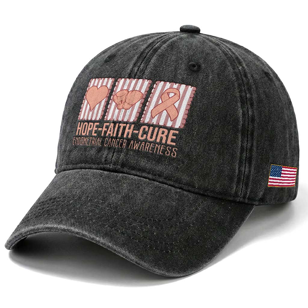 Endometrial Cancer Awareness Washed Cotton Baseball Cap Hope Faith Cure Peach Ribbon