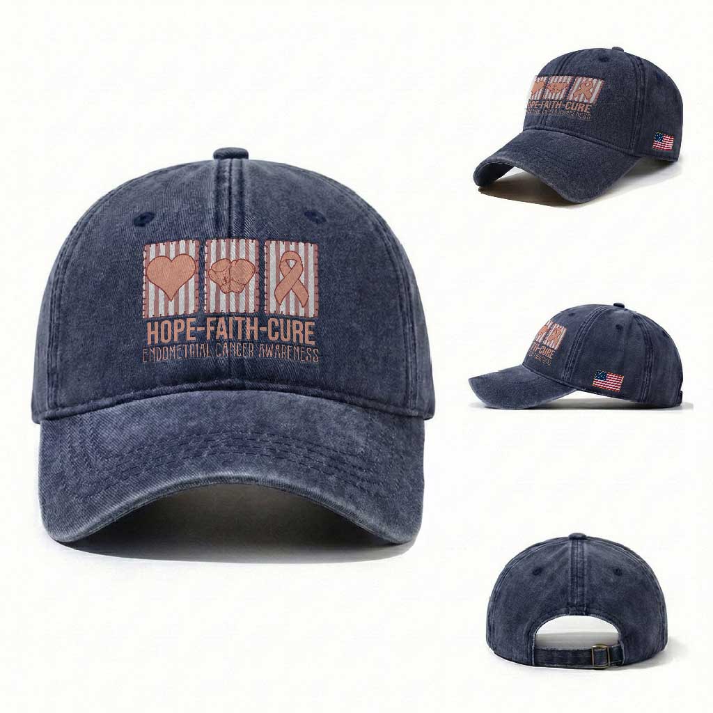 Endometrial Cancer Awareness Washed Cotton Baseball Cap Hope Faith Cure Peach Ribbon