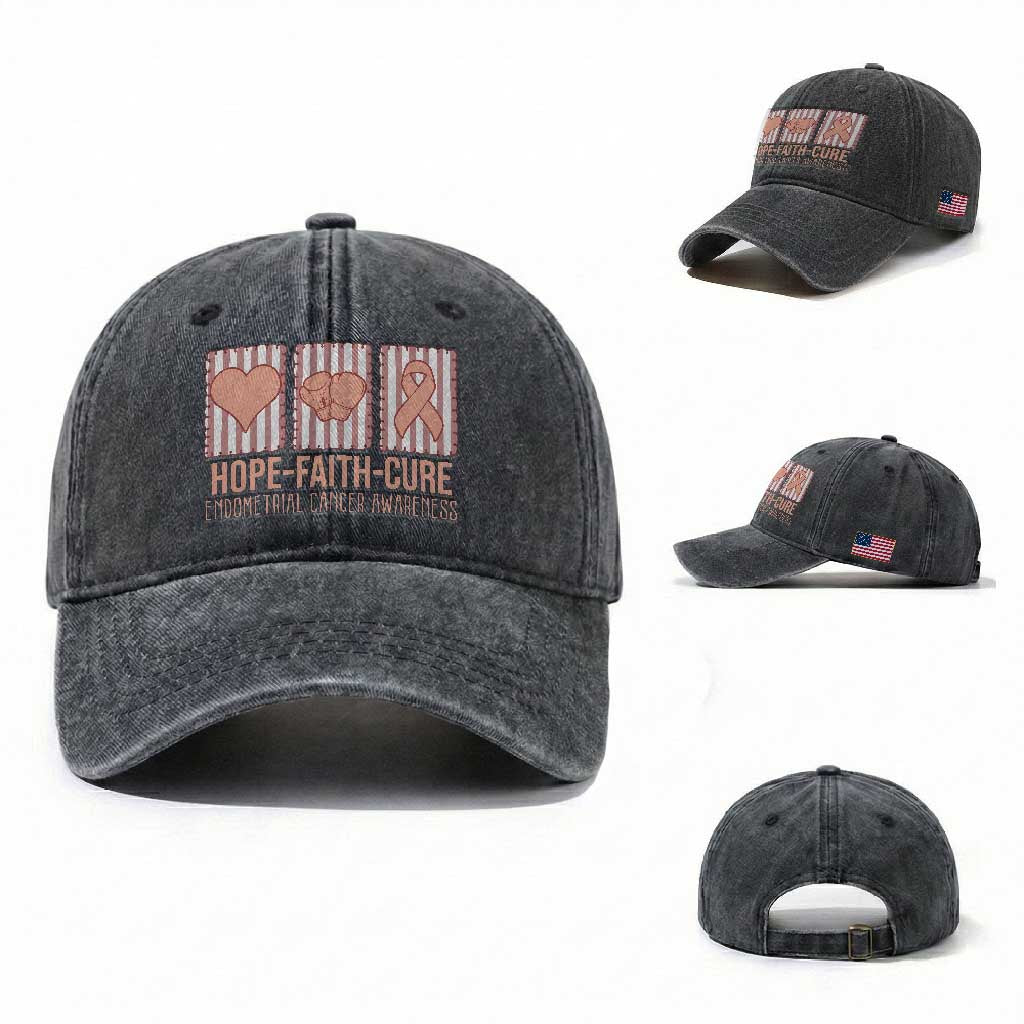 Endometrial Cancer Awareness Washed Cotton Baseball Cap Hope Faith Cure Peach Ribbon