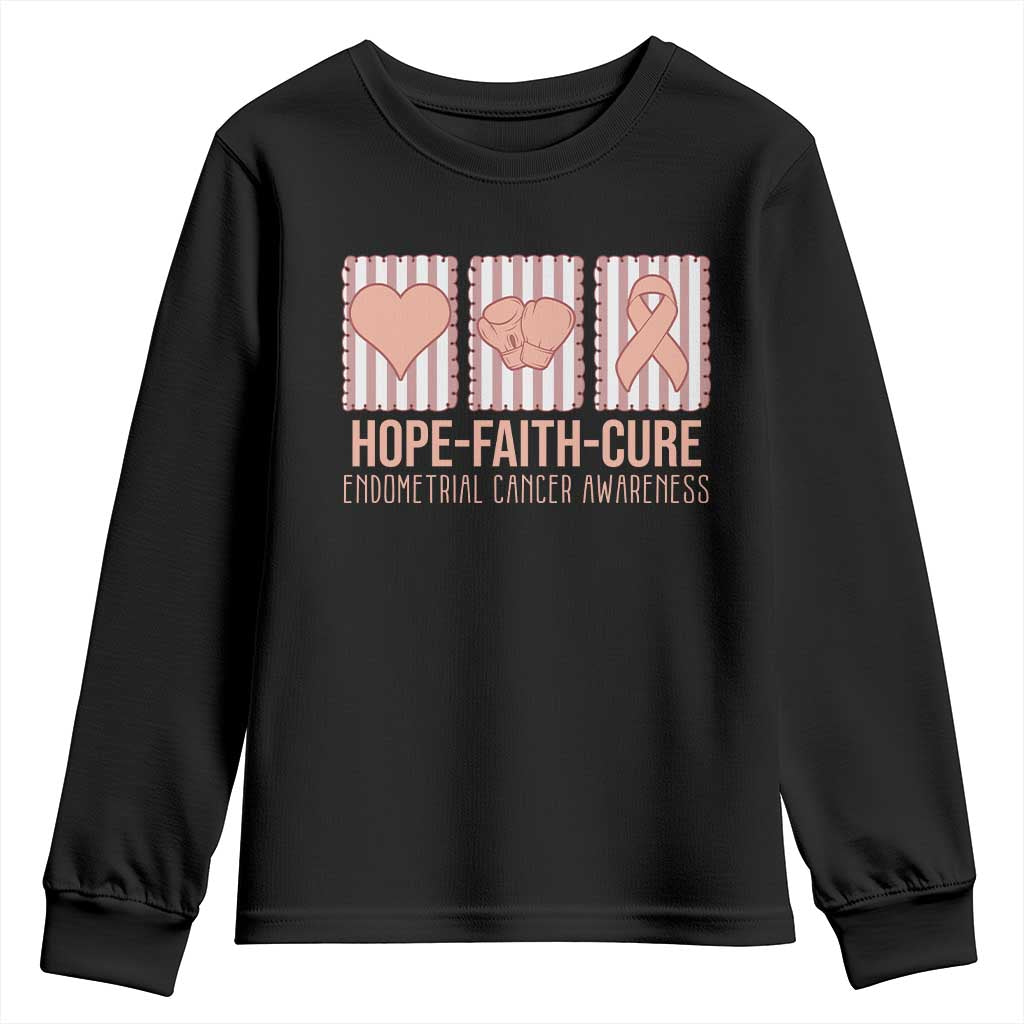 Endometrial Cancer Awareness Youth Sweatshirt Hope Faith Cure Peach Ribbon TS12 Black Print Your Wear