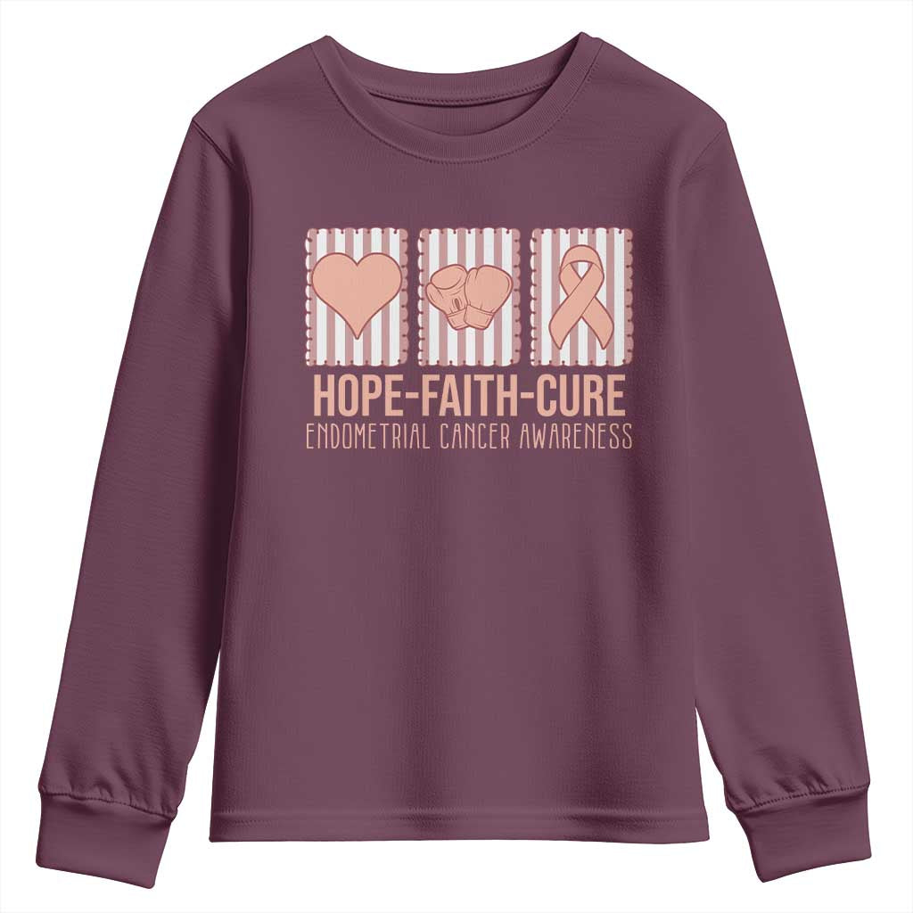 Endometrial Cancer Awareness Youth Sweatshirt Hope Faith Cure Peach Ribbon