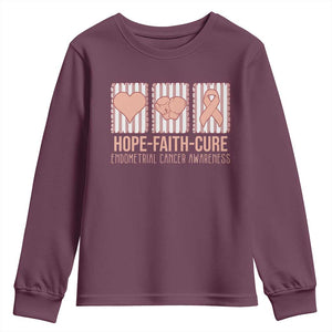 Endometrial Cancer Awareness Youth Sweatshirt Hope Faith Cure Peach Ribbon