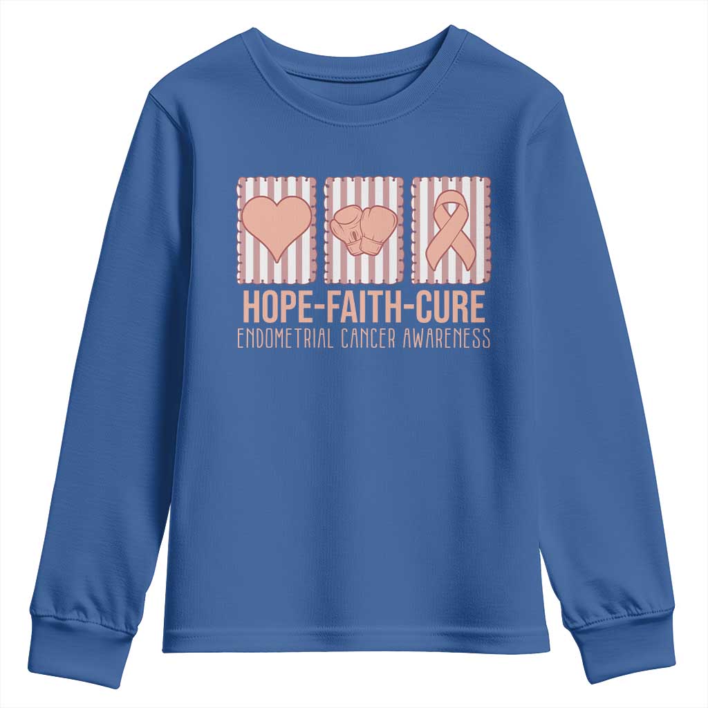 Endometrial Cancer Awareness Youth Sweatshirt Hope Faith Cure Peach Ribbon