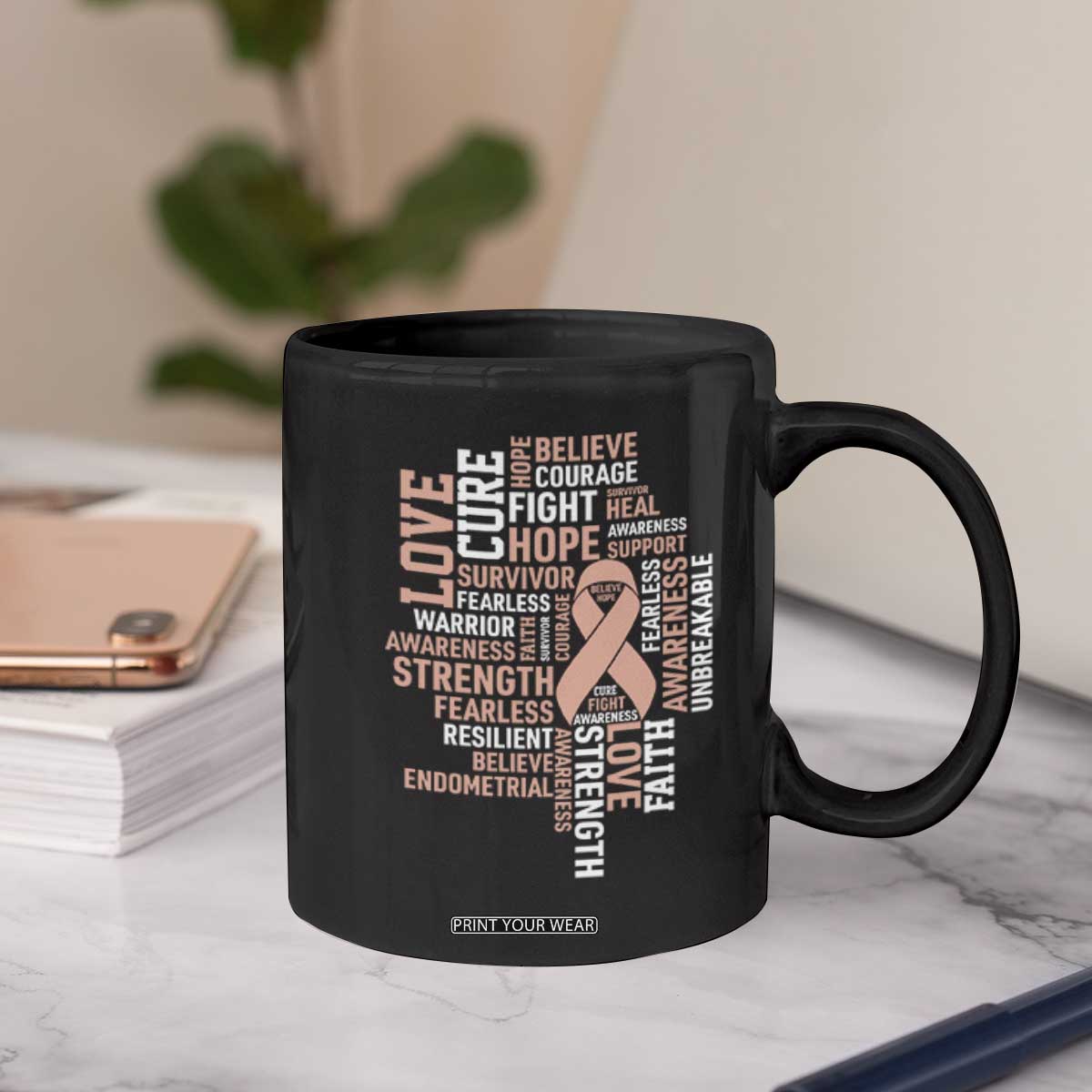 Endometrial Cancer Awareness Coffee Mug Warrior Survivor Peach Ribbon