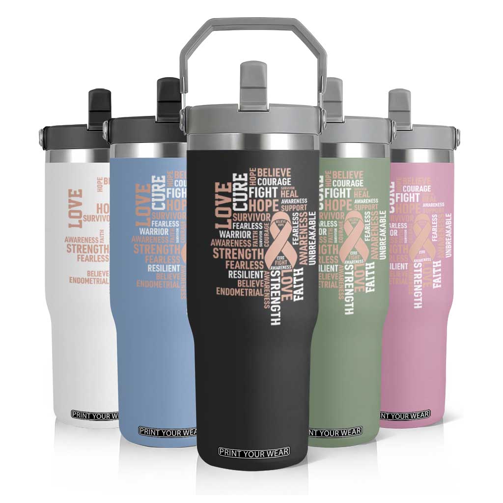 Endometrial Cancer Awareness Flip Straw Tumbler Warrior Survivor Peach Ribbon
