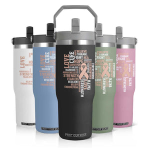 Endometrial Cancer Awareness Flip Straw Tumbler Warrior Survivor Peach Ribbon