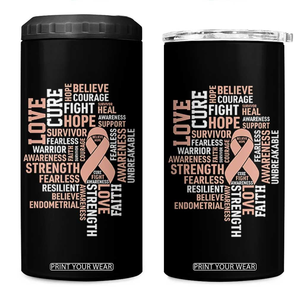 Endometrial Cancer Awareness 4 in 1 Can Cooler Tumbler Warrior Survivor Peach Ribbon
