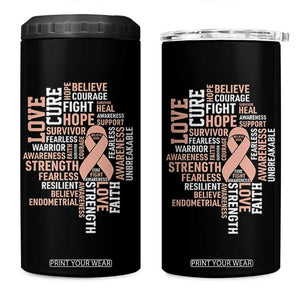 Endometrial Cancer Awareness 4 in 1 Can Cooler Tumbler Warrior Survivor Peach Ribbon