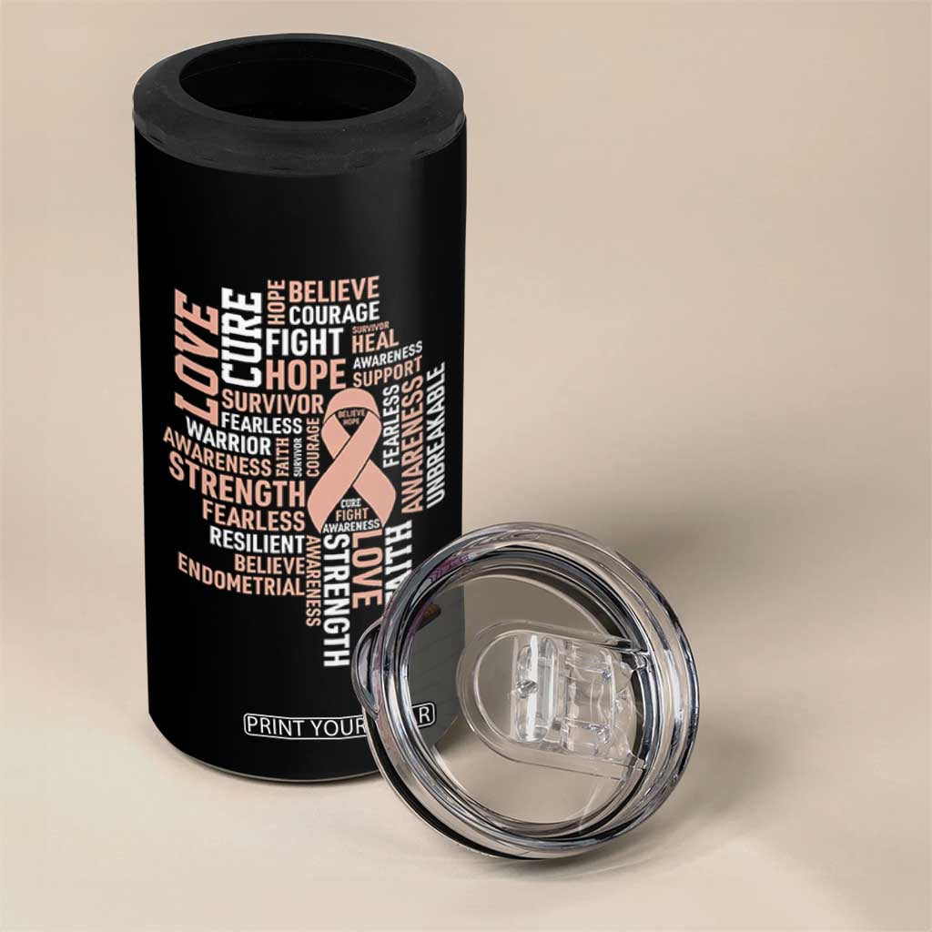 Endometrial Cancer Awareness 4 in 1 Can Cooler Tumbler Warrior Survivor Peach Ribbon