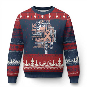 Endometrial Cancer Awareness Ugly Christmas Sweater Warrior Survivor Peach Ribbon