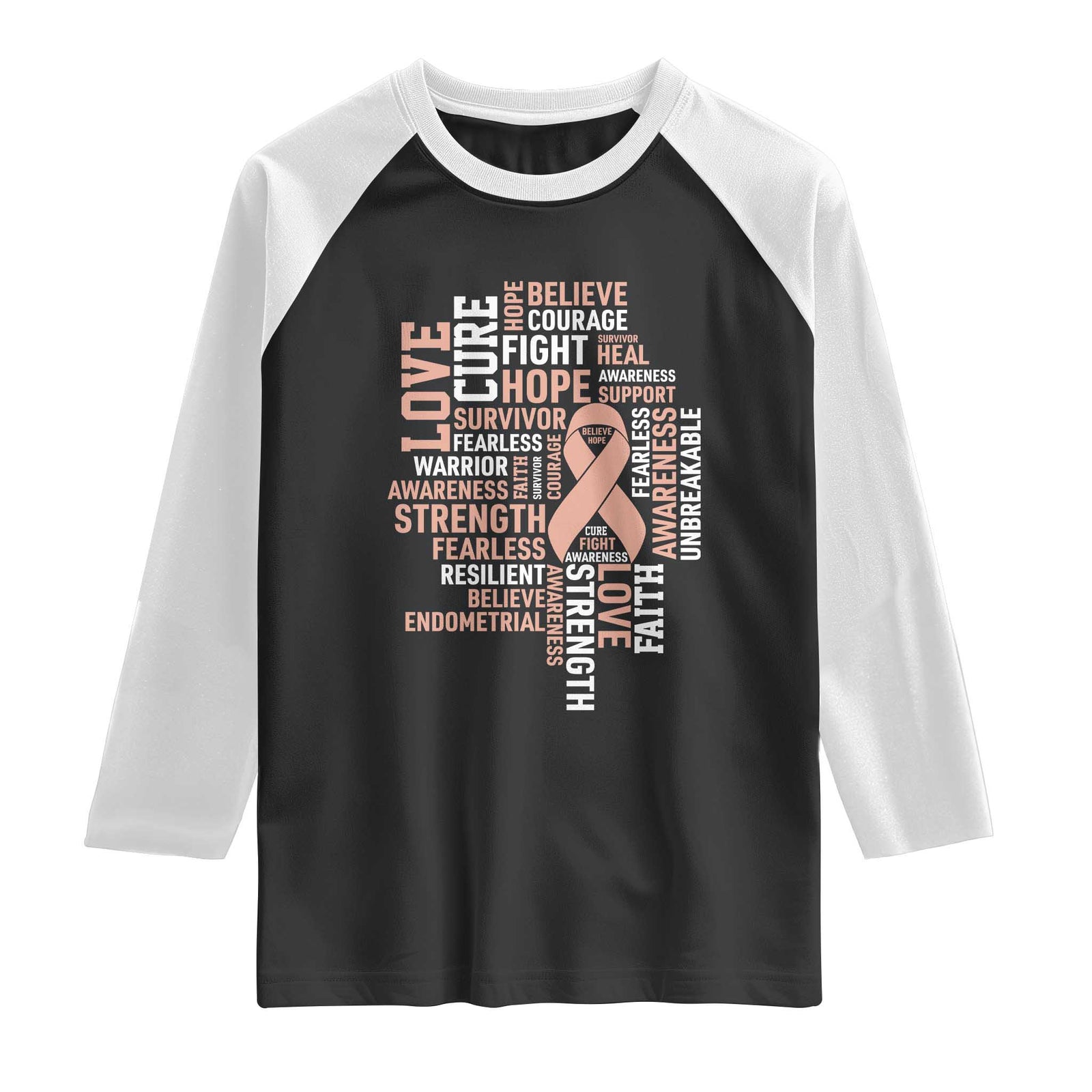 Endometrial Cancer Awareness Raglan Shirt Warrior Survivor Peach Ribbon TS12 Black White Print Your Wear