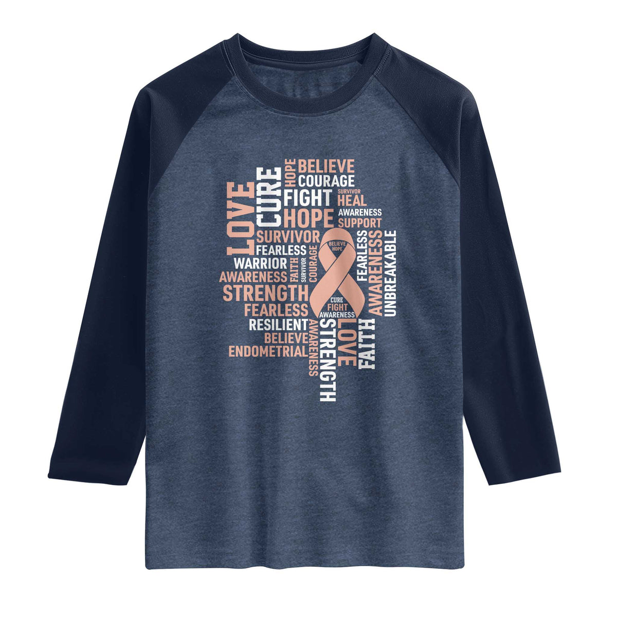 Endometrial Cancer Awareness Raglan Shirt Warrior Survivor Peach Ribbon