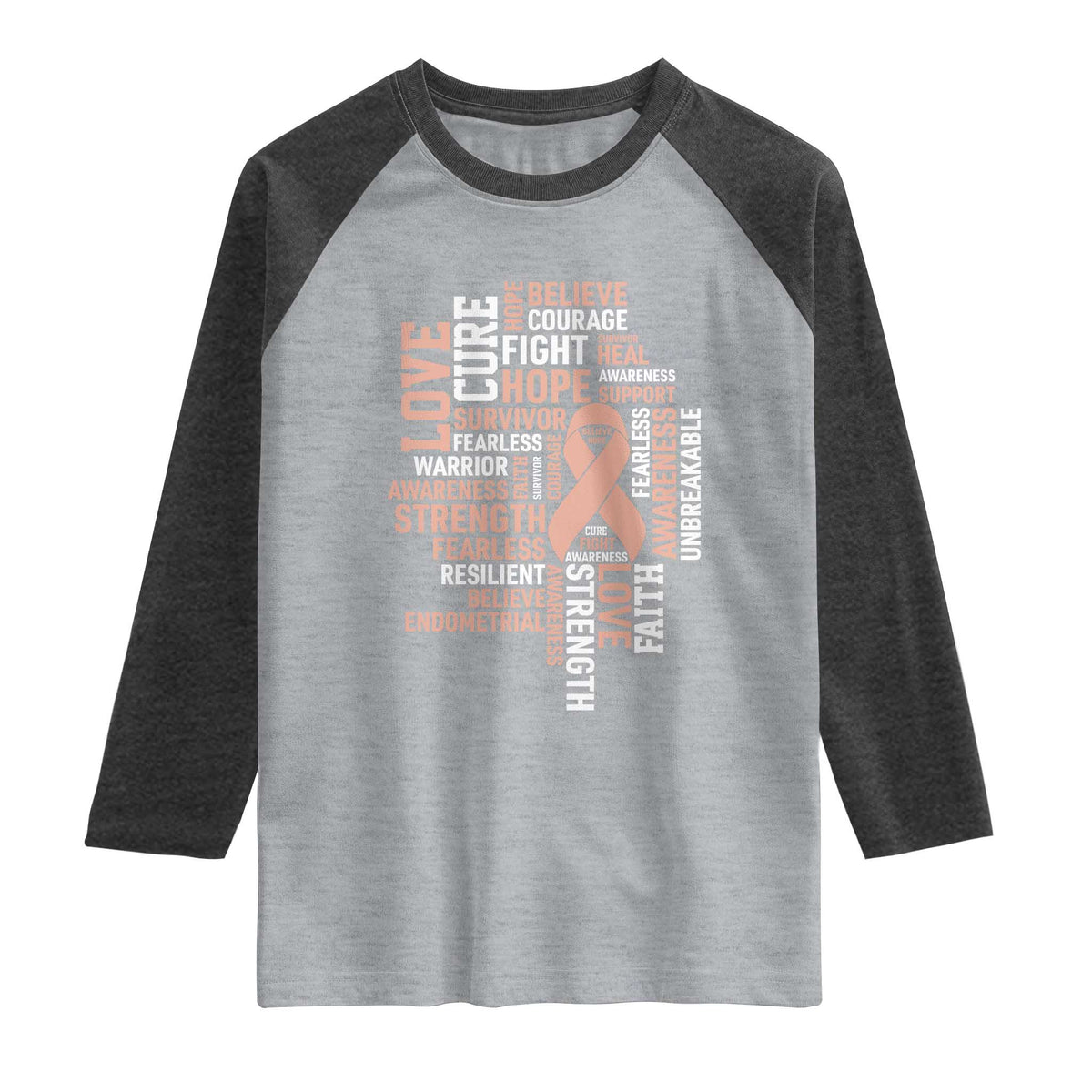 Endometrial Cancer Awareness Raglan Shirt Warrior Survivor Peach Ribbon