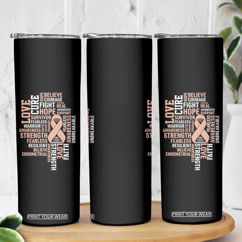 Endometrial Cancer Awareness Skinny Tumbler Warrior Survivor Peach Ribbon