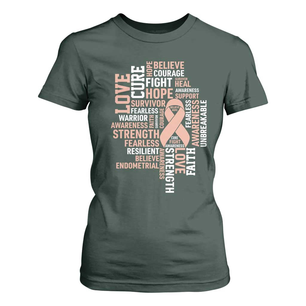 Endometrial Cancer Awareness T Shirt For Women Warrior Survivor Peach Ribbon