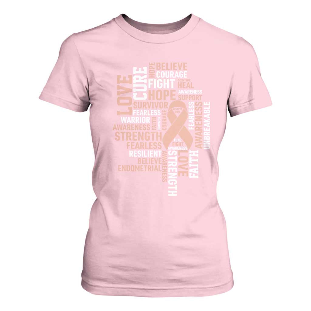 Endometrial Cancer Awareness T Shirt For Women Warrior Survivor Peach Ribbon