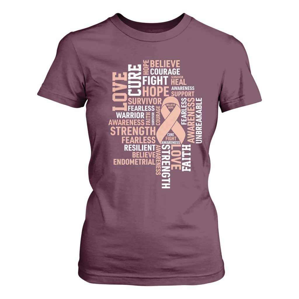 Endometrial Cancer Awareness T Shirt For Women Warrior Survivor Peach Ribbon