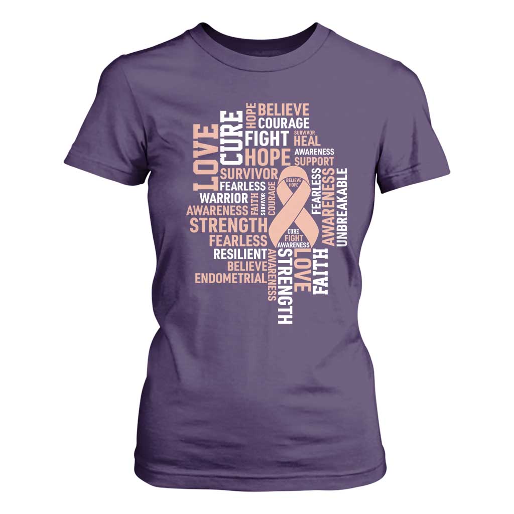 Endometrial Cancer Awareness T Shirt For Women Warrior Survivor Peach Ribbon