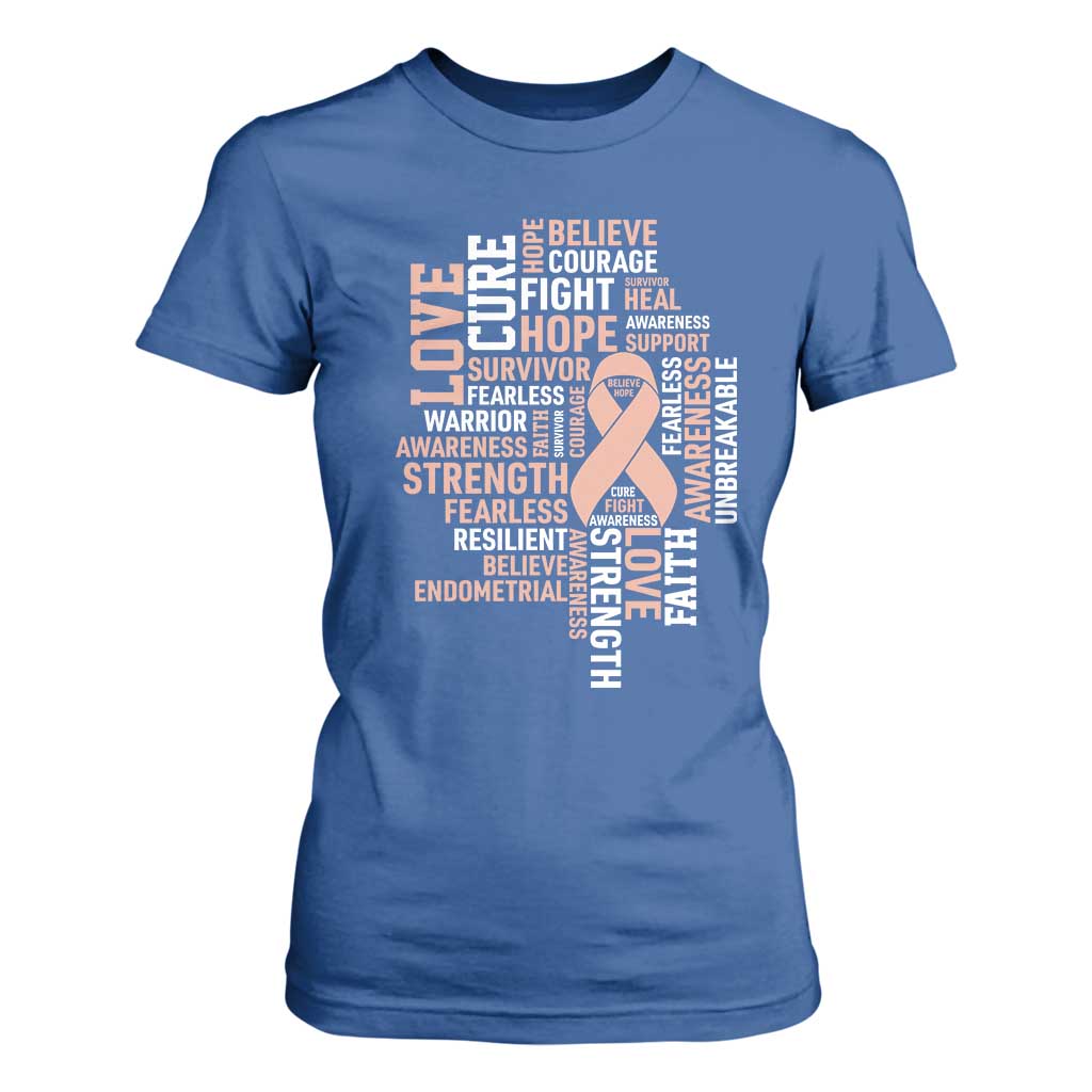 Endometrial Cancer Awareness T Shirt For Women Warrior Survivor Peach Ribbon