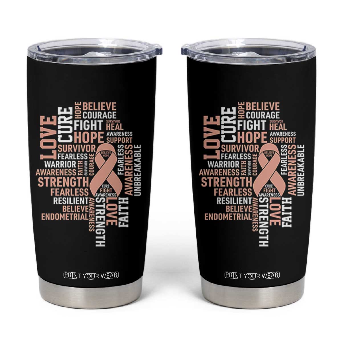 Endometrial Cancer Awareness Tumbler Cup Warrior Survivor Peach Ribbon