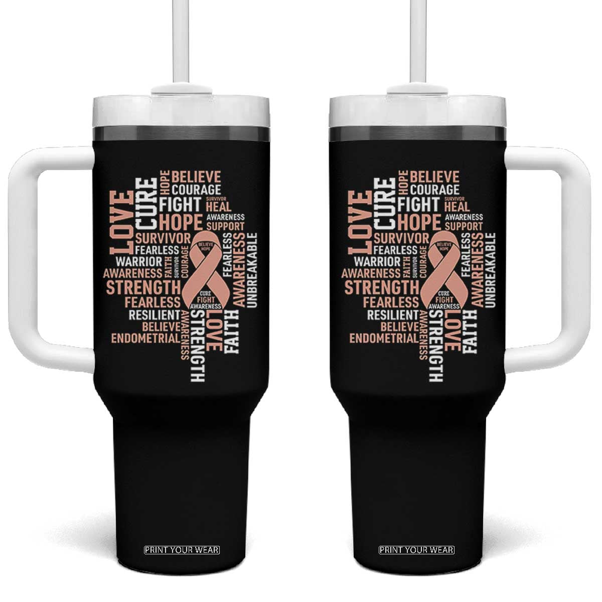 Endometrial Cancer Awareness Tumbler With Handle Warrior Survivor Peach Ribbon TS12 One Size: 40 oz Black Print Your Wear