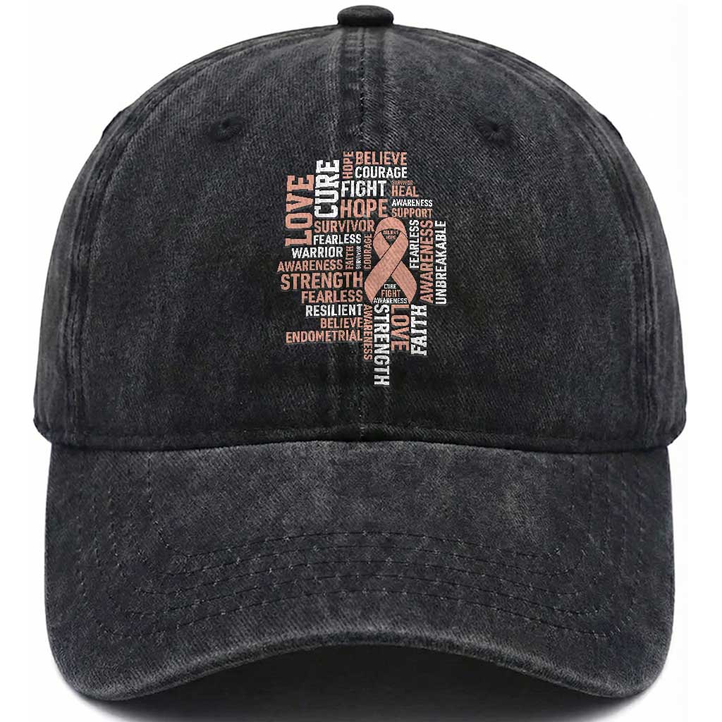 Endometrial Cancer Awareness Washed Cotton Baseball Cap Warrior Survivor Peach Ribbon