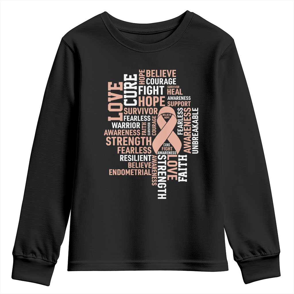 Endometrial Cancer Awareness Youth Sweatshirt Warrior Survivor Peach Ribbon