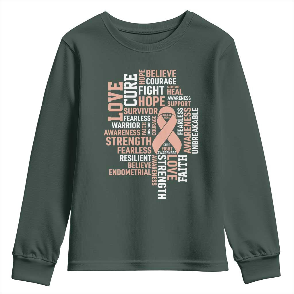 Endometrial Cancer Awareness Youth Sweatshirt Warrior Survivor Peach Ribbon