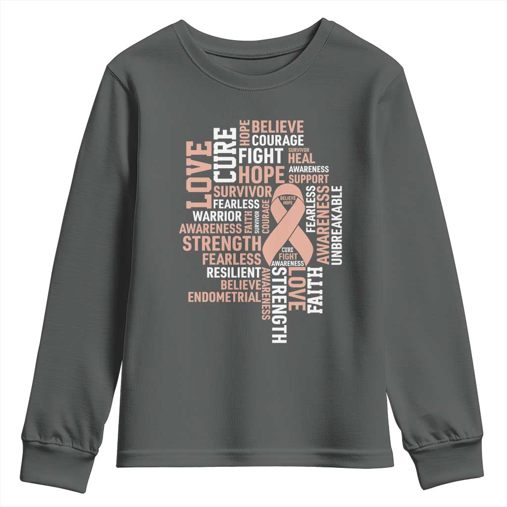 Endometrial Cancer Awareness Youth Sweatshirt Warrior Survivor Peach Ribbon