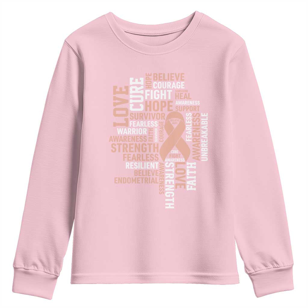 Endometrial Cancer Awareness Youth Sweatshirt Warrior Survivor Peach Ribbon