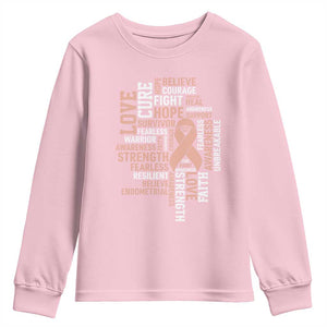 Endometrial Cancer Awareness Youth Sweatshirt Warrior Survivor Peach Ribbon