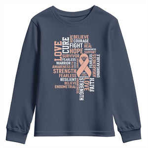 Endometrial Cancer Awareness Youth Sweatshirt Warrior Survivor Peach Ribbon