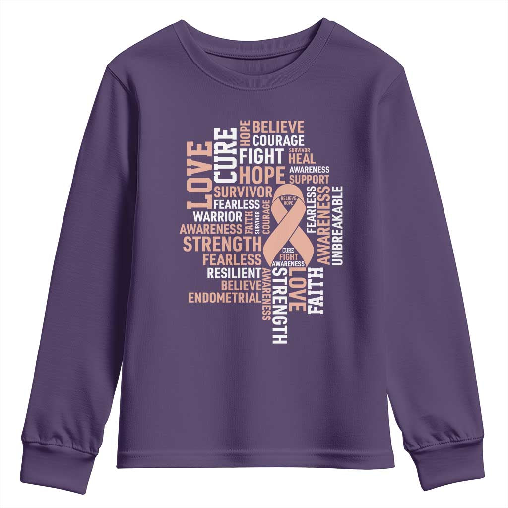 Endometrial Cancer Awareness Youth Sweatshirt Warrior Survivor Peach Ribbon